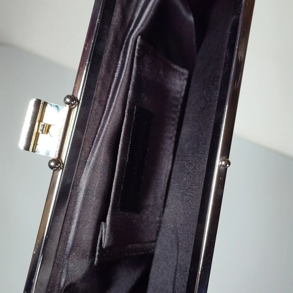 Jessica McClintock black pleated satin convertible clutch evening purse